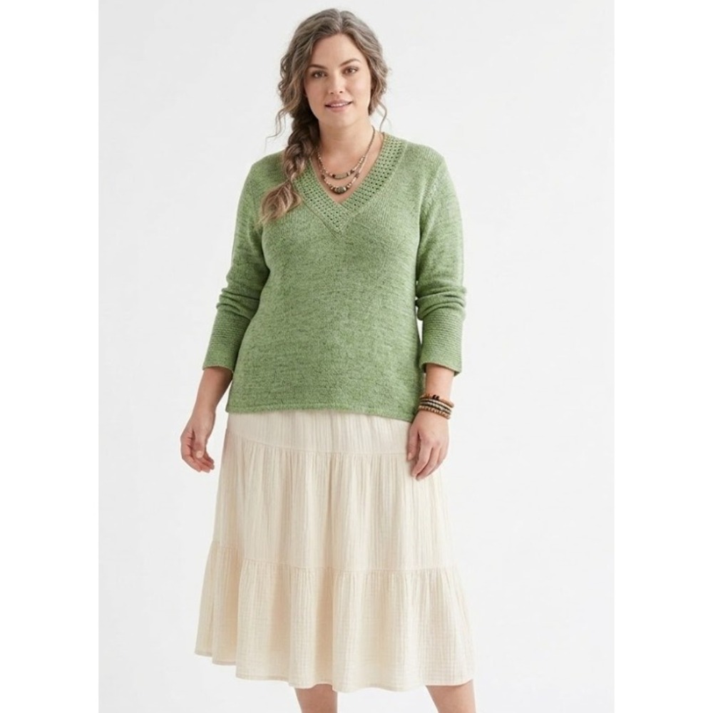 Carole Little Green V Neck Stretch Cozy Long Sleeve Sweater XL Grandma